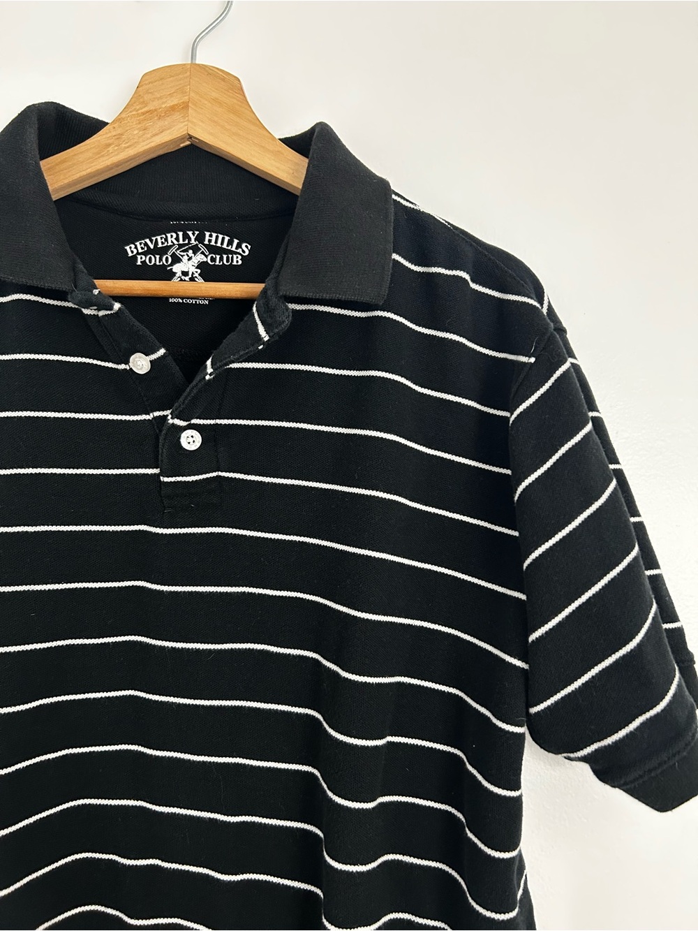 Beverly Hills Polo Club Mens Medium Black White Striped Short Sleeve Polo